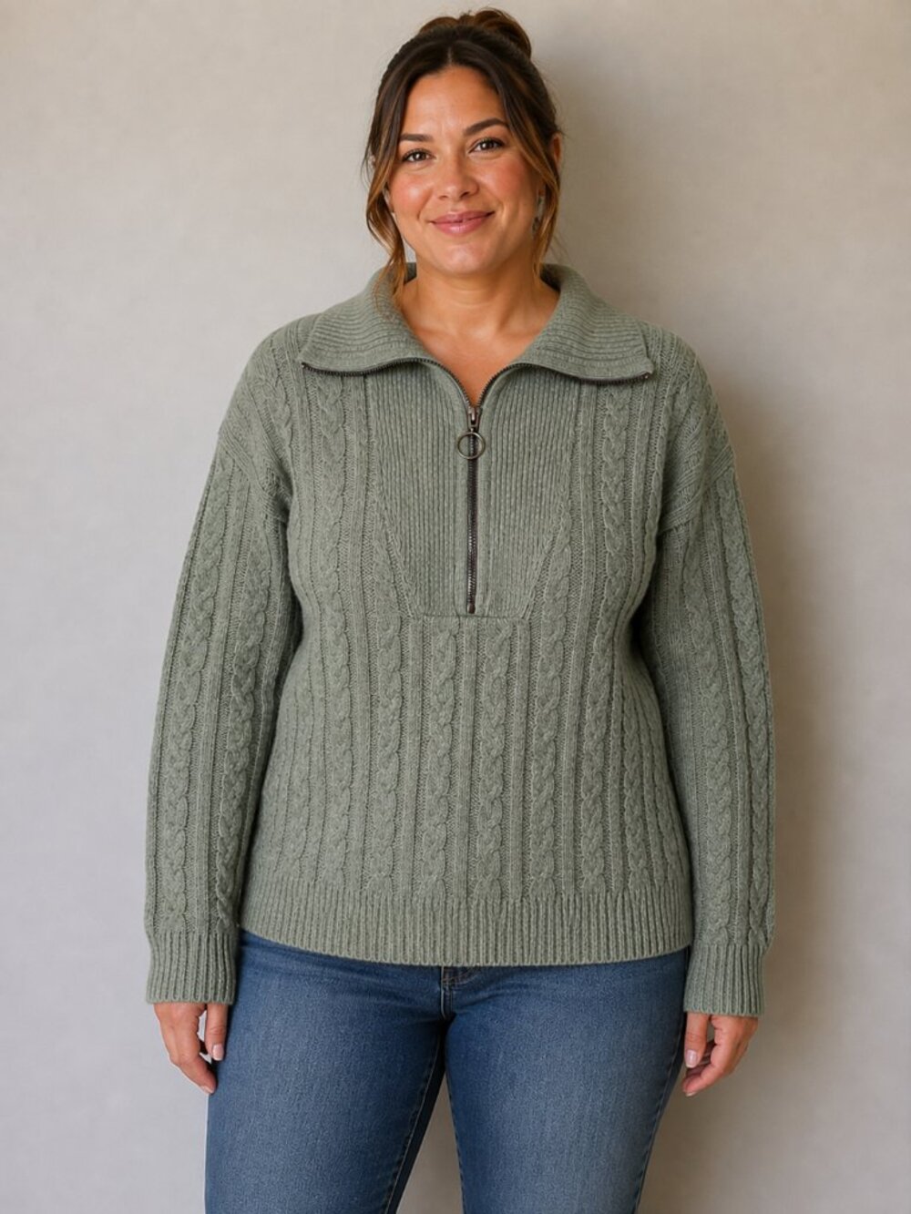 Pink Republic Sage Green Cable Knit Quarter Zip Sweater L
